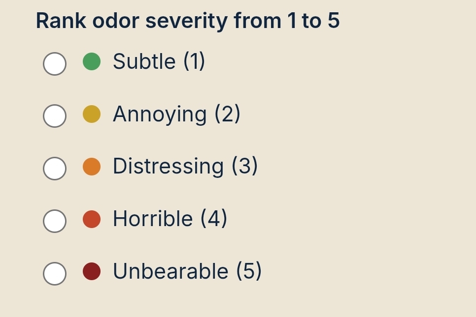 Severity 1-to-5 selector as shown on the cswapt.com and ptodor.org odor report forms