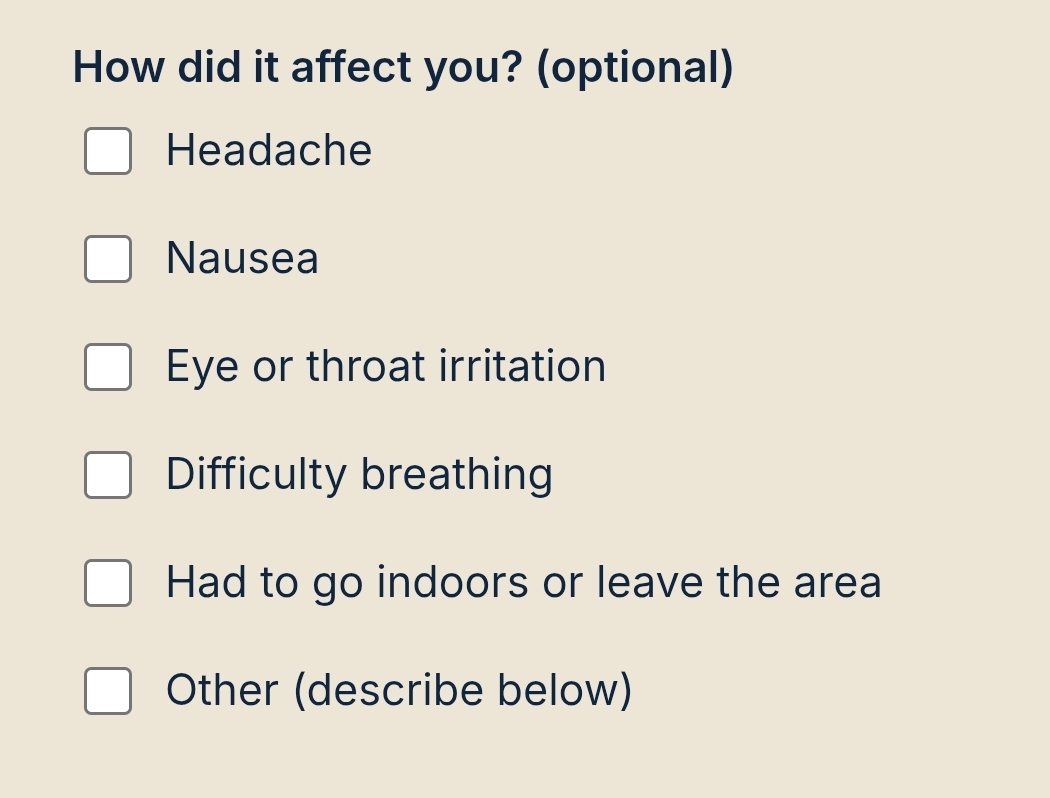 Symptom checklist as shown on the cswapt.com and ptodor.org odor report forms